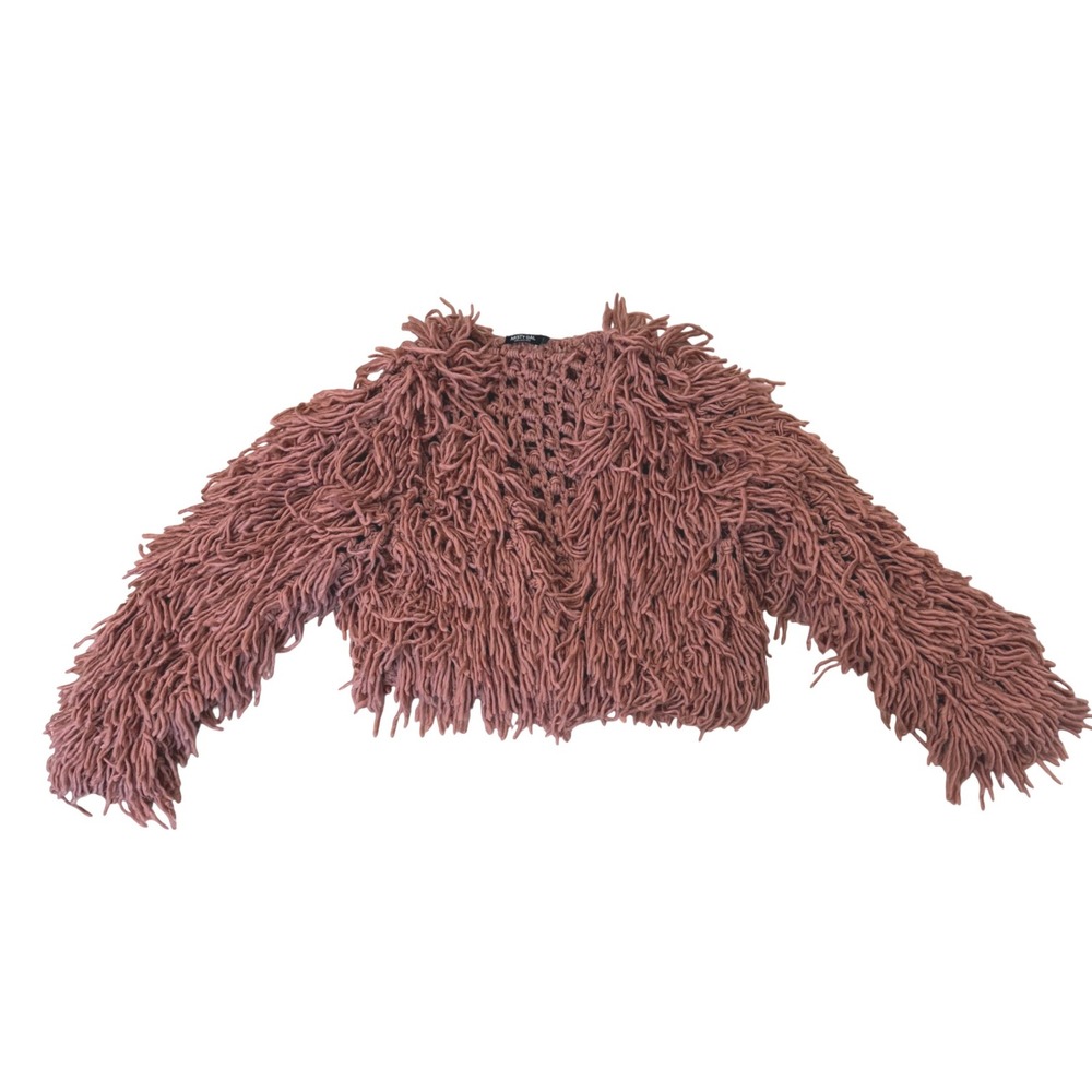 Nasty Gal Collection Boho Shaggy Knit Cardigan Salmon Loop Fringe Open Front S